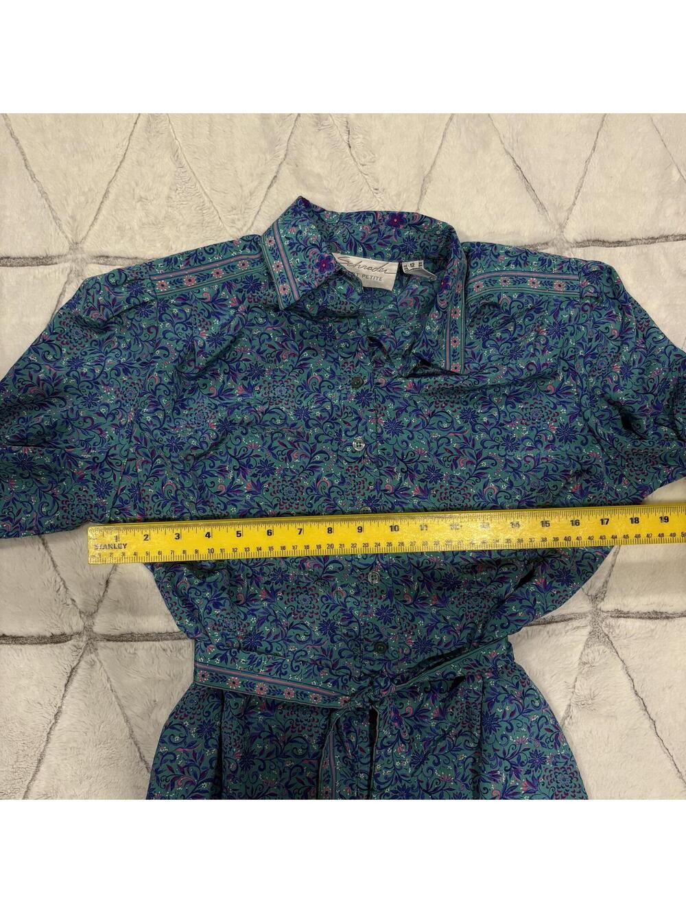 Vintage 80s shoulder pads Women's Blue Floral Shirt Dress Belt size 12 - Picture 7 of 8